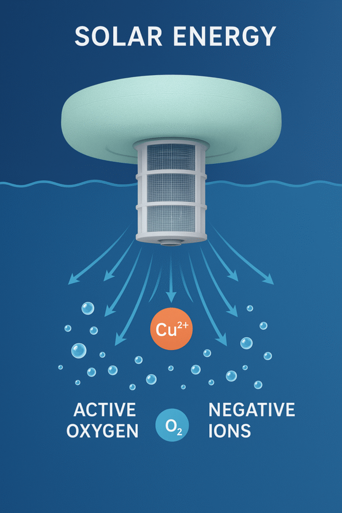 Diagram of solar pool ionizer producing copper ions and active oxygen for algae control